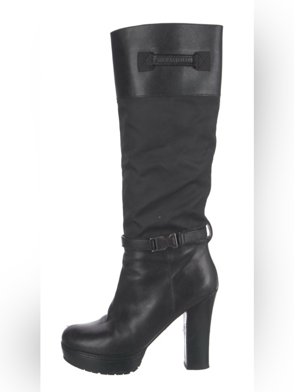 Prada Sport Black Nylon Leather Platform Buckle Knee High Boots 39